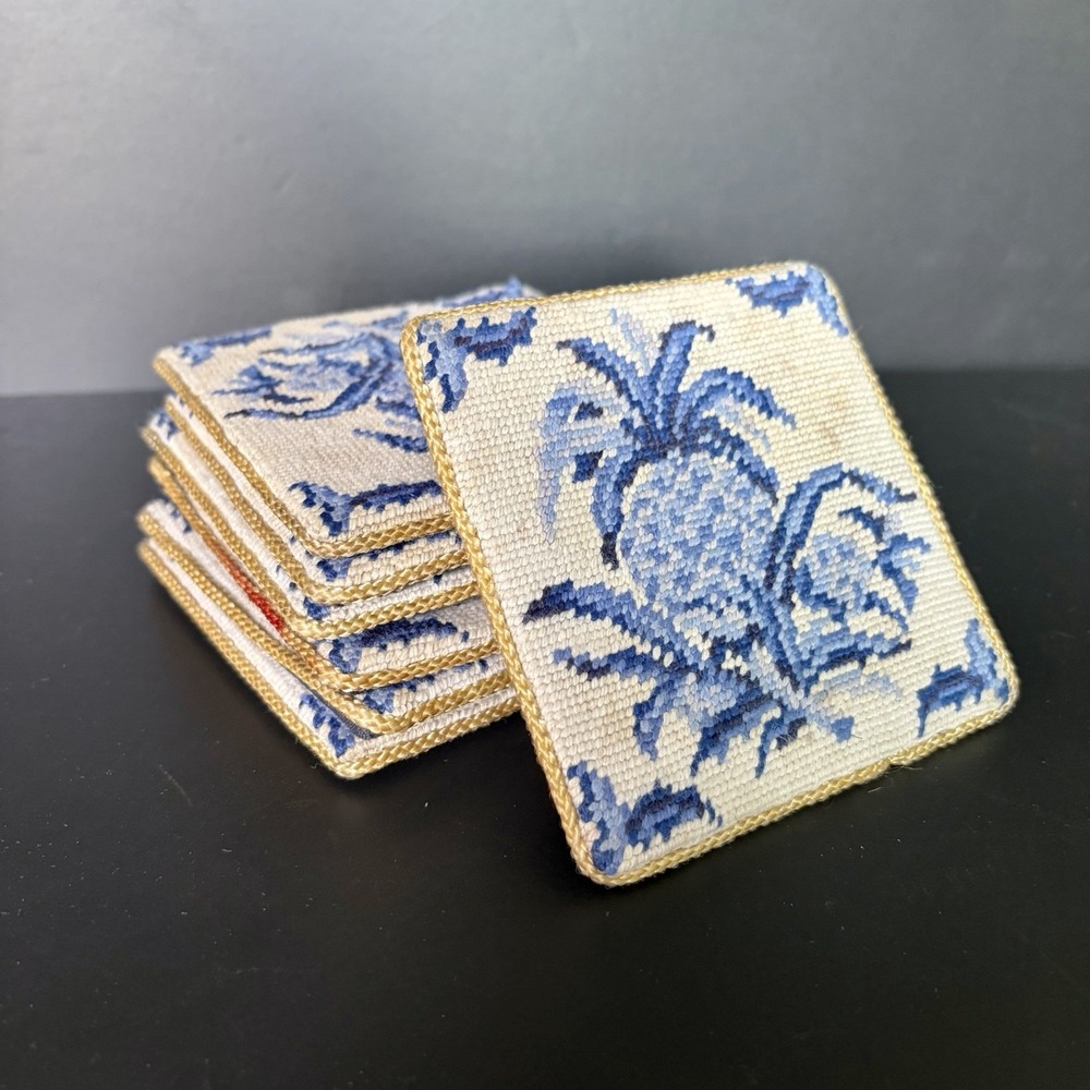 Vintage Needlepoint Pineapple Coasters Blue White Set Of 7 Cottagecore Regency